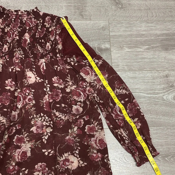 Skylar & Jade Burgundy Sheer Floral Long Sleeve Blouse Lace Ruffle Detail S - Picture 10 of 12